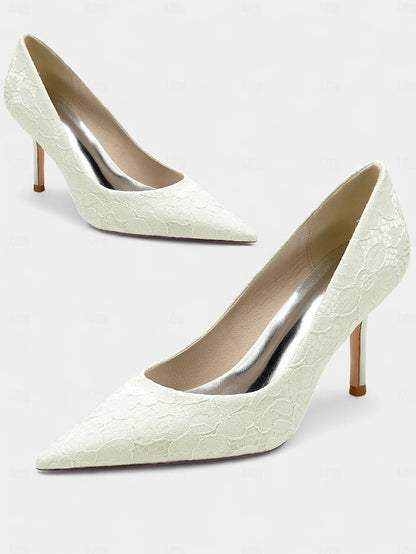 Heels - Women's Lace-Embroidered Pointed-Toe Stiletto