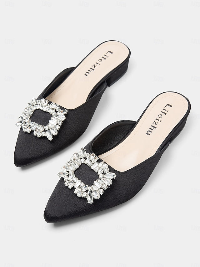 Satin Women's Rhinestone Pointed-Toe with Black Mules