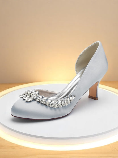 Toe Silver Heels Round Satin Kitten Women's Low - Heel