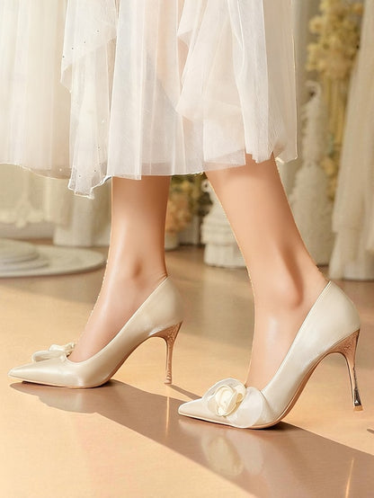 Elegant Satin Pointed Floral - Women's Wedding Ivory Heels