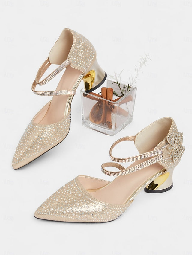 Rhinestone Heel Glitter Ankle Low Strap Toe Pointed Women's