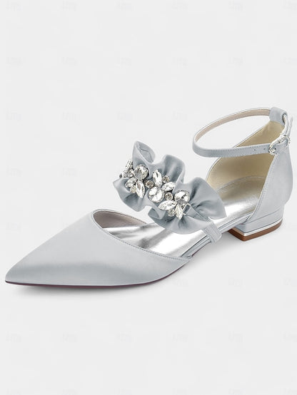 with Pointed-Toe Black Satin Women's Rhinestone Flats