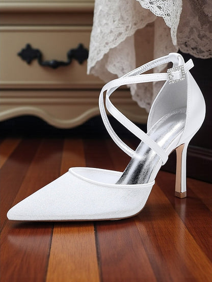Glitter Stiletto Ankle - Elegant Women's Strap Heels Silver