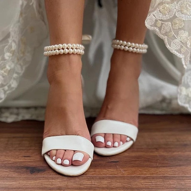 with Anklet and Heels Block Pearl Sandals - Wedding Satin White