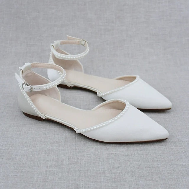 Flat White Women's with Pearl-Embellished Toe Pointed Shoes