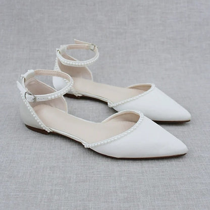 Flat White Women's with Pearl-Embellished Toe Pointed Shoes