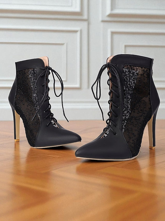 Ankle Mesh Heels Lace Booties Women's Stiletto White with