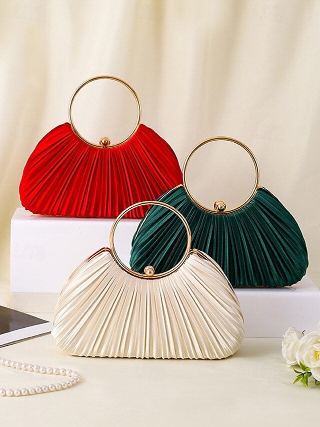 Handle Clutch Green Gold Ring Velvet Pleated Elegant with -