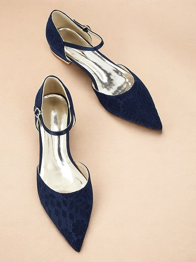 Pointed Flats with Blue Lace Women's Navy and Ankle Strap