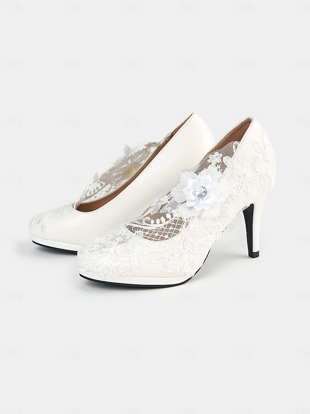 Embellishments Lace Shoes – with Heel White Bridal Floral High