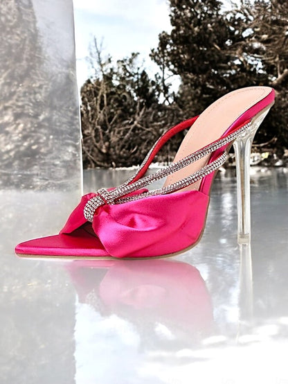 Sandals Rhinestone Bow Women's Satin Hot – Heeled Pink