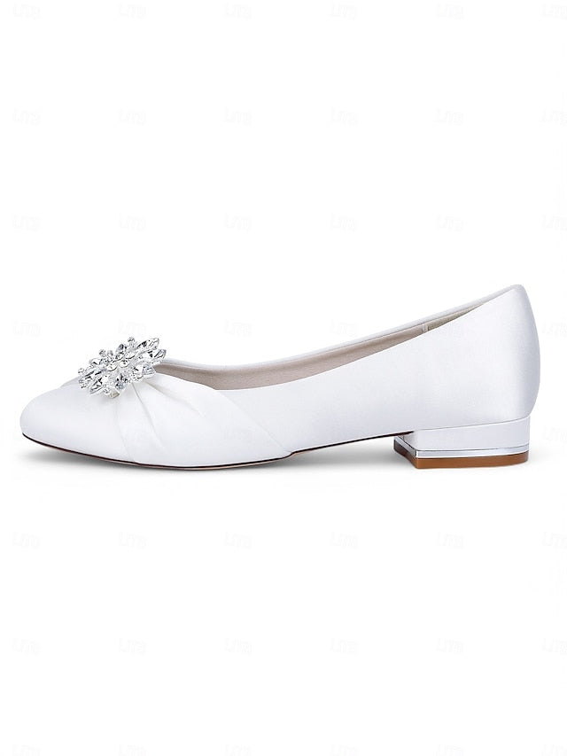 Elegant Wedding White Crystal Satin Flats Women's –