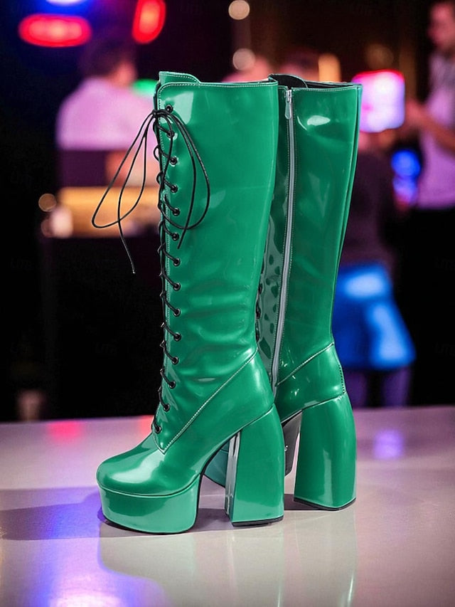 Metallic Silver Platform High Boots - Lace-Up Women's Knee