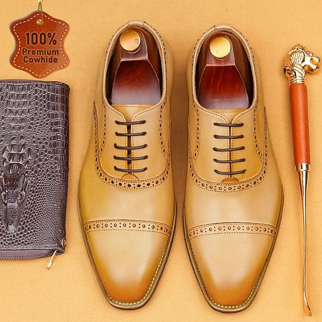 Men's Leather Wingtip with Brown Light Genuine Shoes Oxford