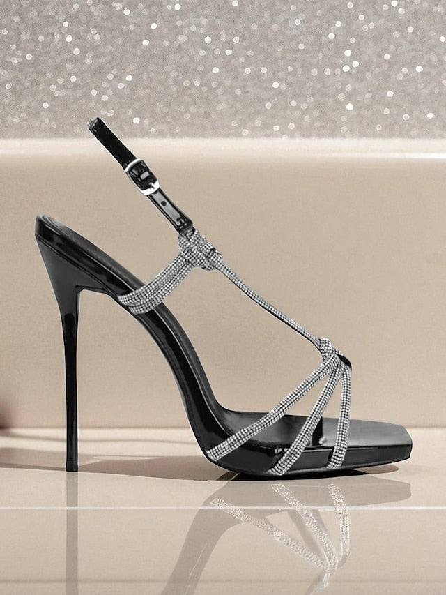 Heels Rhinestone Strappy Square Stiletto Women's with Toe