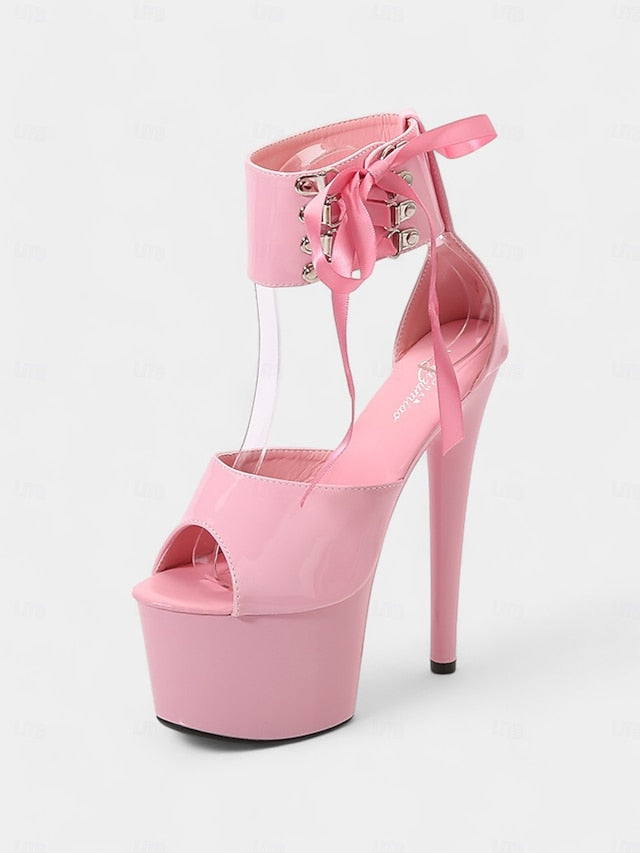 Black with Platform Lace-Up Patent Ankle Straps Sandals Leather