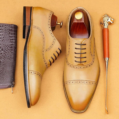 Men's Leather Wingtip with Brown Light Genuine Shoes Oxford