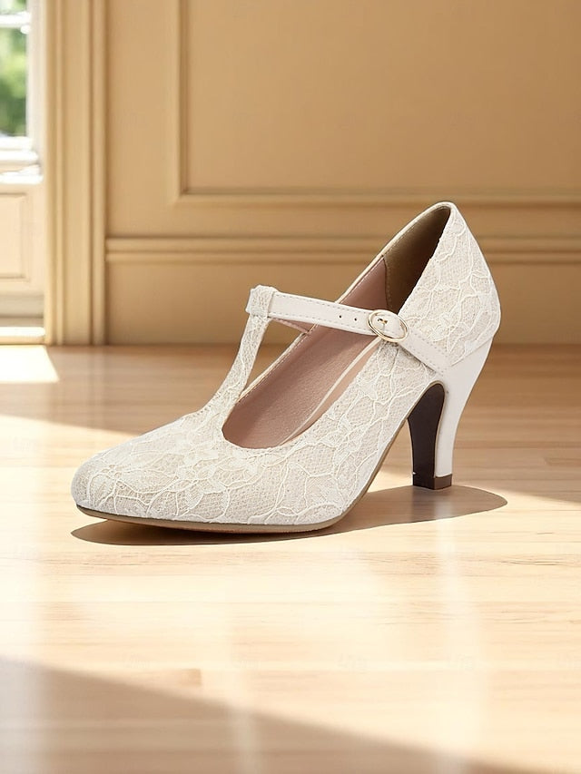 Ivory Heel Women's Pumps-1920s T-Strap Lace Vintage Mid
