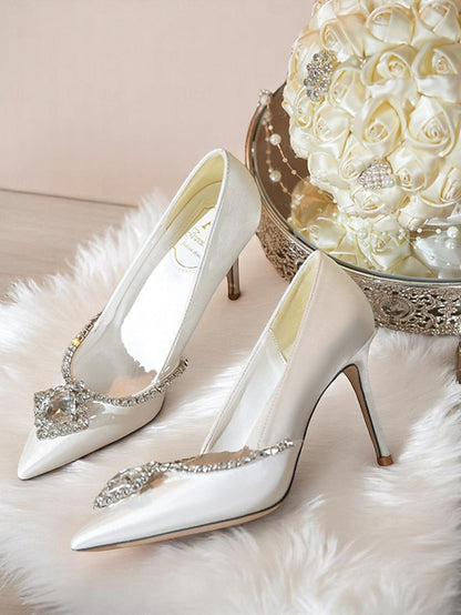 White Women's Heels Toe Crystal Pointed Wedding Satin with