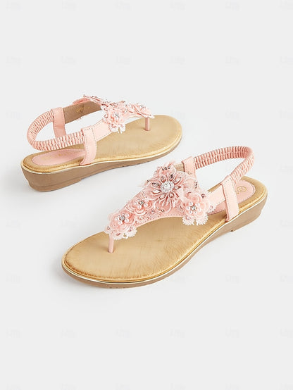 T-Strap Lace Pink Women's Sandals Floral Embellished –