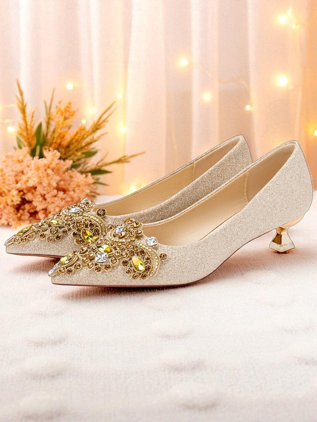 with Glitter Low Pointed-Toe Gold Pumps Heel Women's