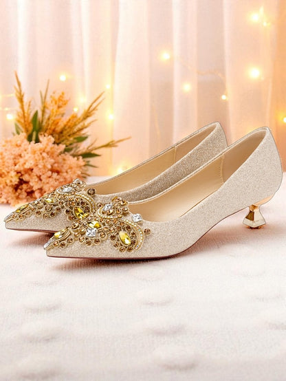 with Glitter Low Pointed-Toe Gold Pumps Heel Women's