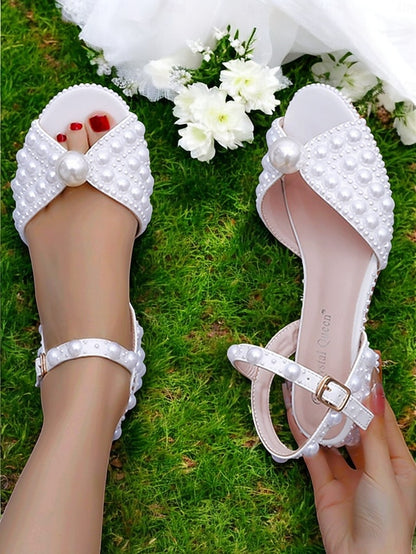 Pearl-Embellished Women's Sandals Low Heel – White