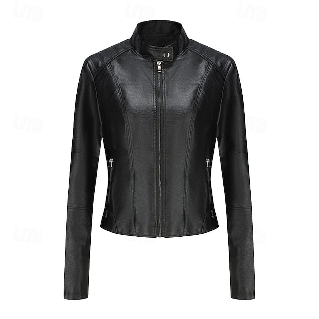 Zipper Jacket Pocket Faux Leather Women's Comfortable
