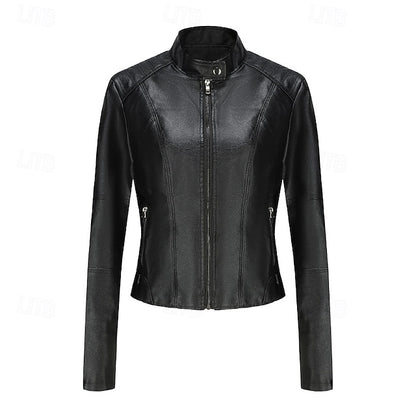 Zipper Jacket Pocket Faux Leather Women's Comfortable