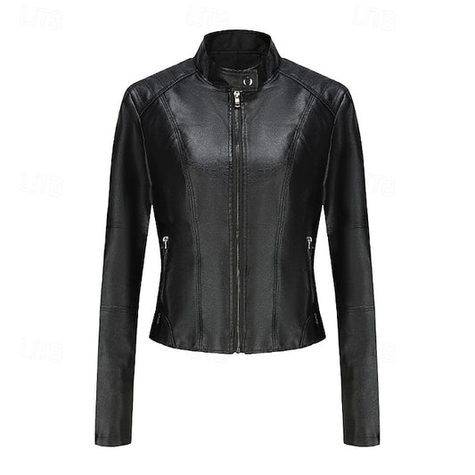 Zipper Jacket Pocket Faux Leather Women's Comfortable