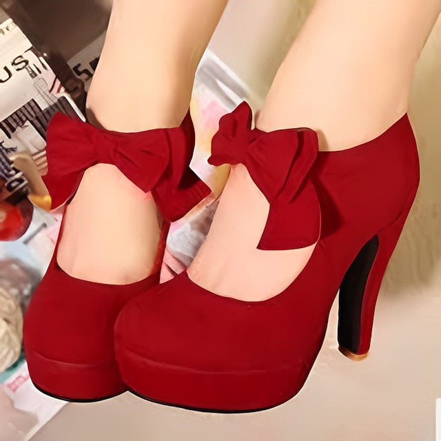 Red Women's Bow Suede – Vintage Platform Heel High Pumps