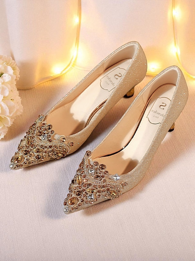 with Glitter Low Pointed-Toe Gold Pumps Heel Women's