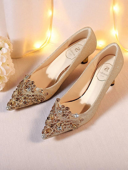 with Glitter Low Pointed-Toe Gold Pumps Heel Women's