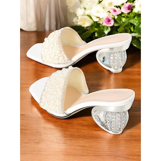 Bridal Wedding Mules for Open-Toe Pearl-Embellished – Women