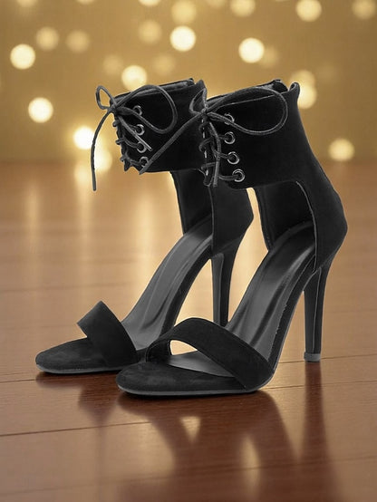 Sandals Lace-Up Sexy Strap - Black Heel High Ankle Women's