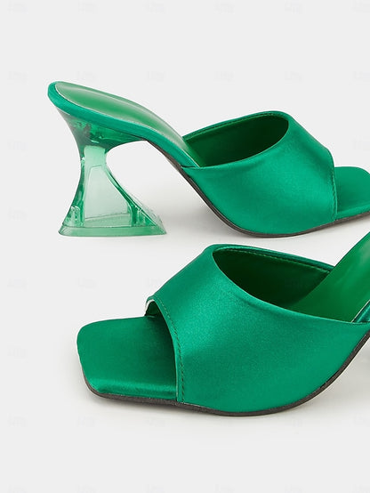 Transparent Block Mules Heels Open-Toe for Green with Satin