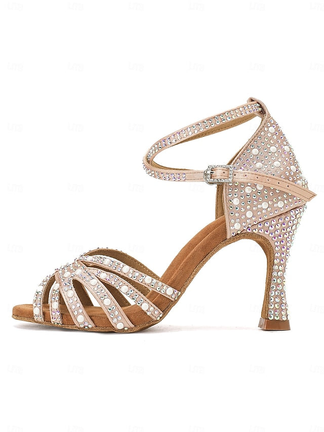 Rhinestone-Embellished Latin Tan High Sandals Dance with Heel