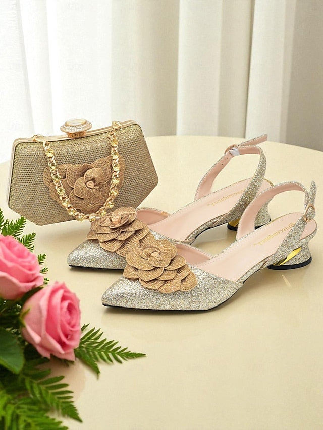 Heels Slingback and Women's Glitter Clutch Evening Matching