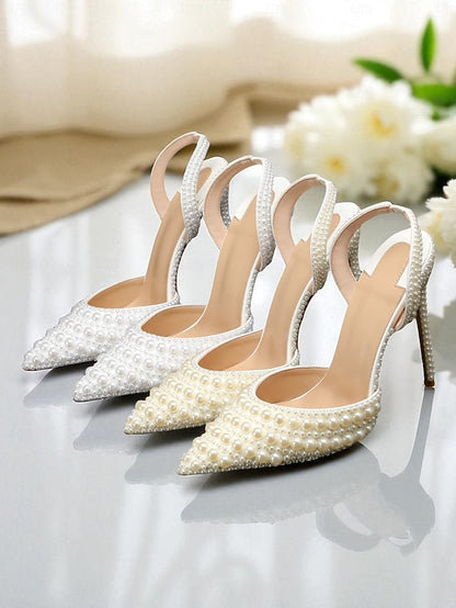 - Heels Women's Slingback Pearl-Embellished Leather White