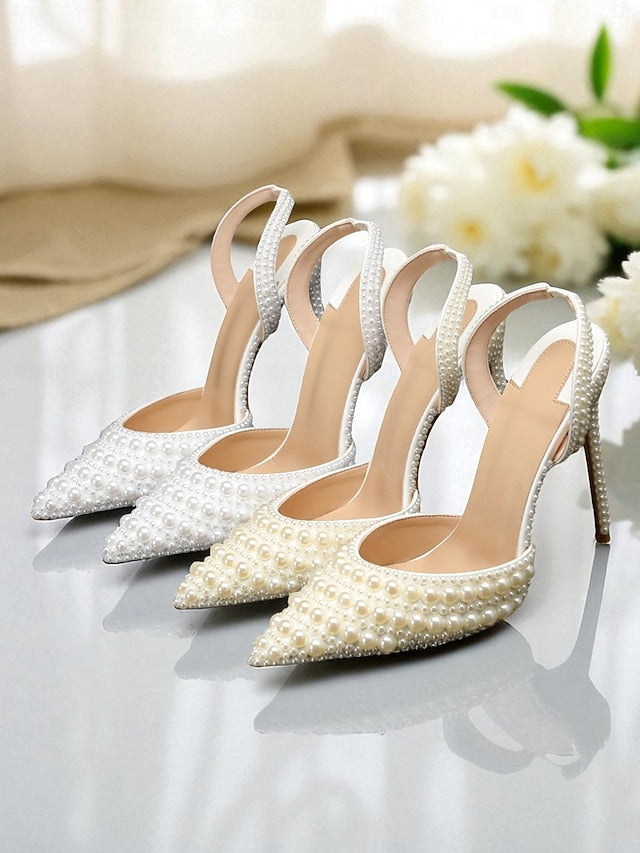 Women's Heels White Pearl-Embellished Leather Slingback -