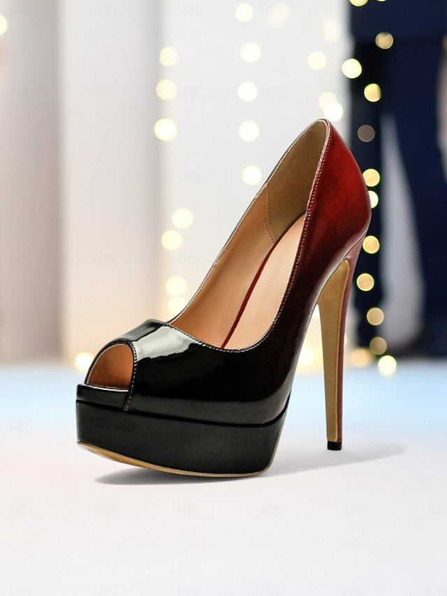 Black Toe Patent Peep Platform High Leather Heels Women's