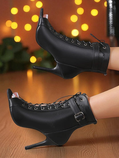 High Black Heel Stiletto Booties Toe Lace-Up Women's Peep -