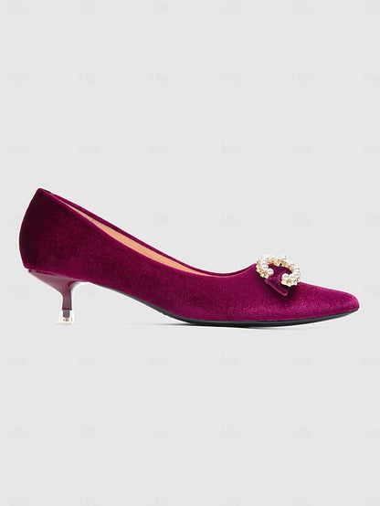 Women's Burgundy Pearl - Heel Velvet with Kitten Pumps Bow