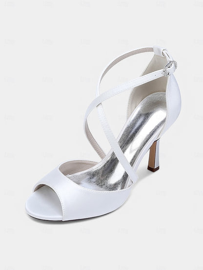 Cross-Strap Heels Women's Elegant White Satin – Peep-Toe