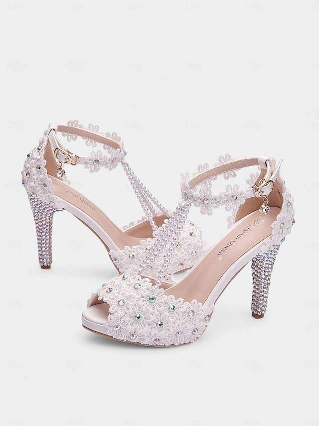 - Sandals Lace Floral T-Strap White Bridal Pearl-Decorated