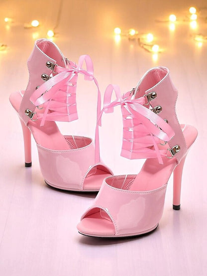 Lace-Up Black Cutout Women's - Stiletto Patent Sexy Sandals