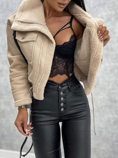 Pocket Jacket Women's Buttons Warm Faux Leather Comfortable