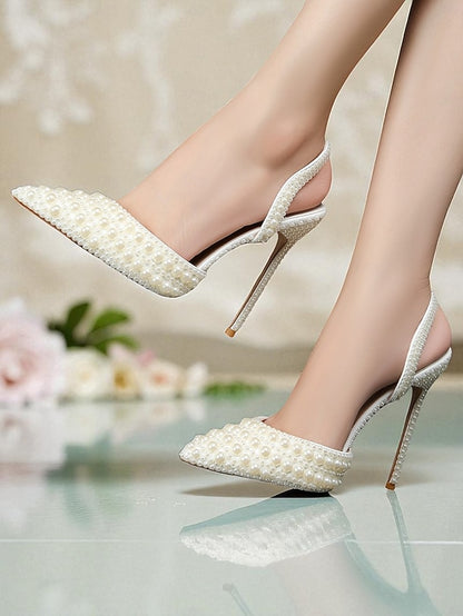 Women's Heels White Pearl-Embellished Leather Slingback -