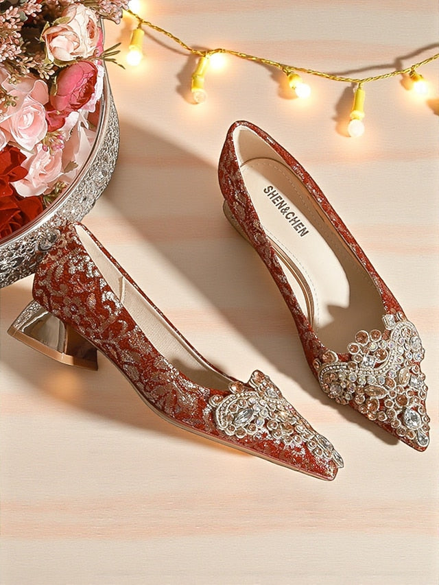 Women's Red Flats Pointed-Toe Rhinestone Embellished