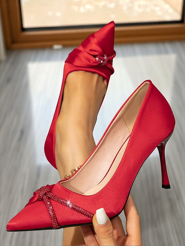 with Women's Red Satin Heels Stiletto Pointed Toe